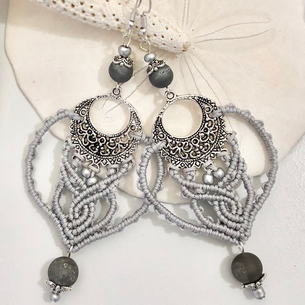 Large silver earrings with gray agate druzzies